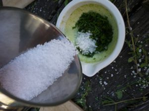 Kräutersalz selbst gemacht: Nun geben die Kinder das Salz zu den Kräutern in den Mörser. foto (c) kinderoutdoor.de
