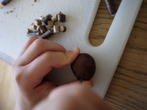 Kinder basteln mit Kastanien: Mit dem Taschenmesser zwei Löcher in die runde Oberseite bohren. foto (c) kinderoutdoor.de